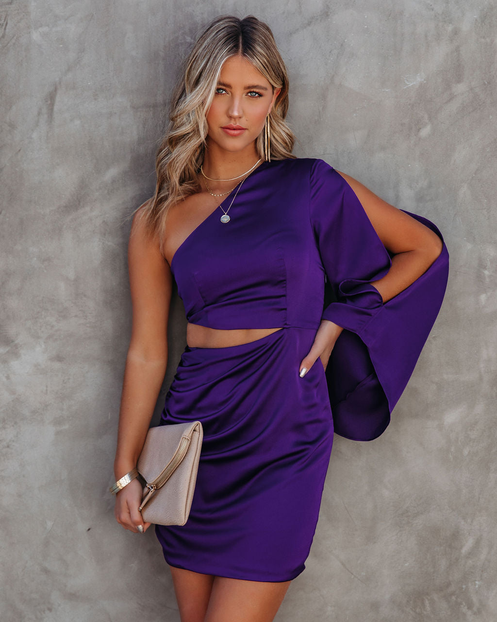 Satin One Shoulder Long Sleeve Cutout Ruched Bodycon Mini Dress