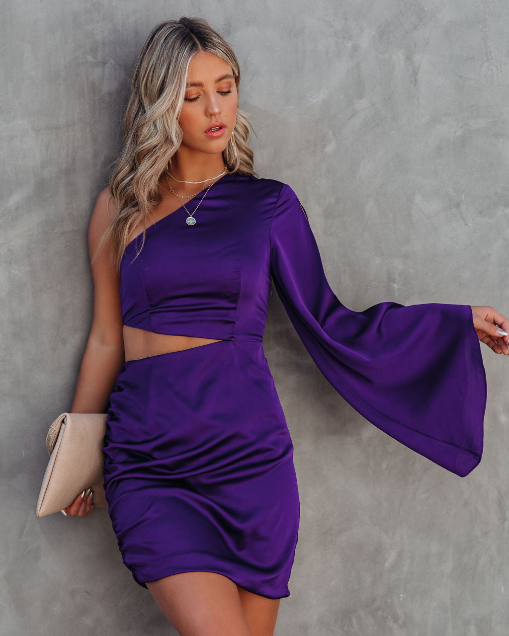 Satin One Shoulder Long Sleeve Cutout Ruched Bodycon Mini Dress