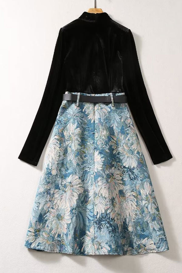 Floral Jacquard V-Neck Long Sleeve Belted A-Line Dress