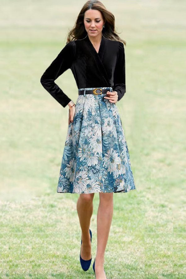 Floral Jacquard V-Neck Long Sleeve Belted A-Line Dress