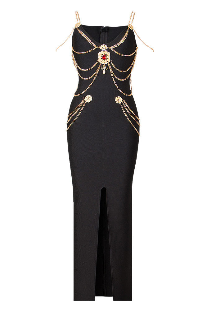 Celebrity Inspired Black Evening Dress With Gold Chain Fashionpara