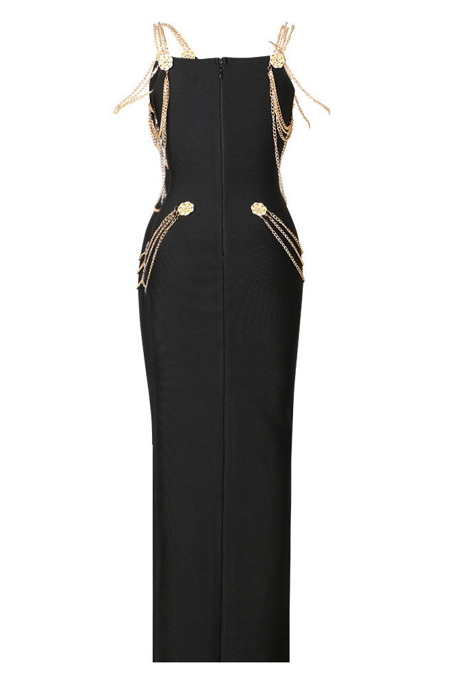 Celebrity Inspired Black Evening Dress With Gold Chain Fashionpara