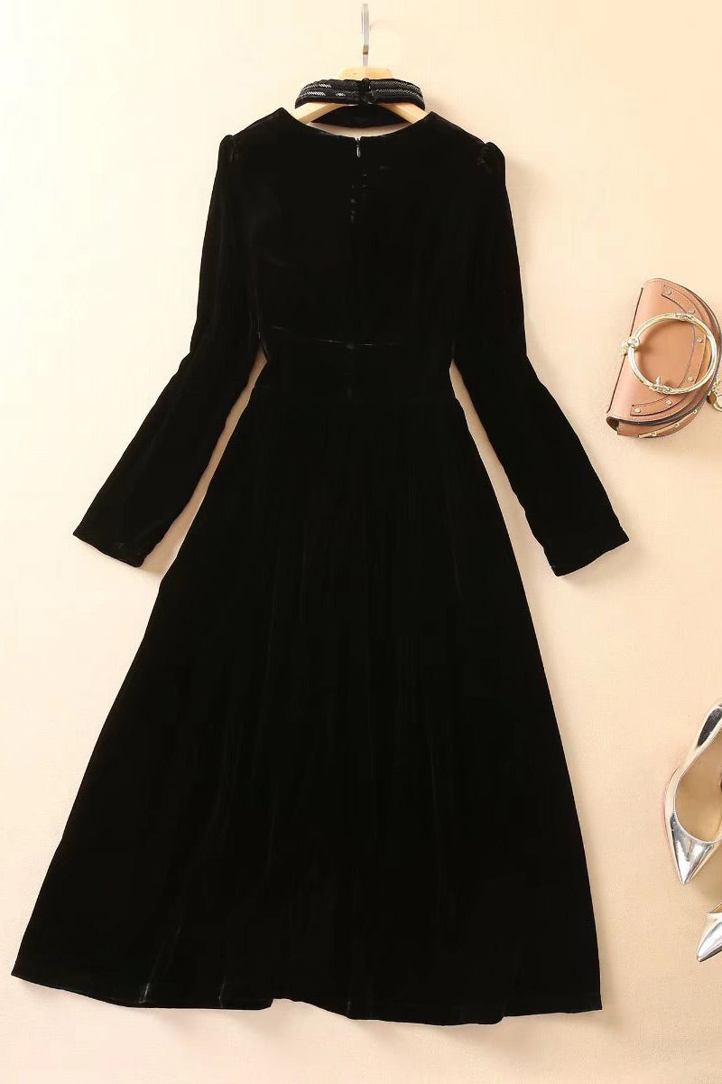 Velvet V-Neck Long-Sleeve High-Slit A-Line Maxi Dress