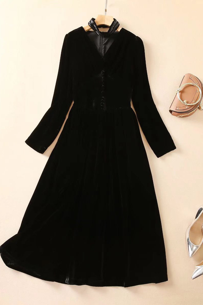 Velvet V-Neck Long-Sleeve High-Slit A-Line Maxi Dress