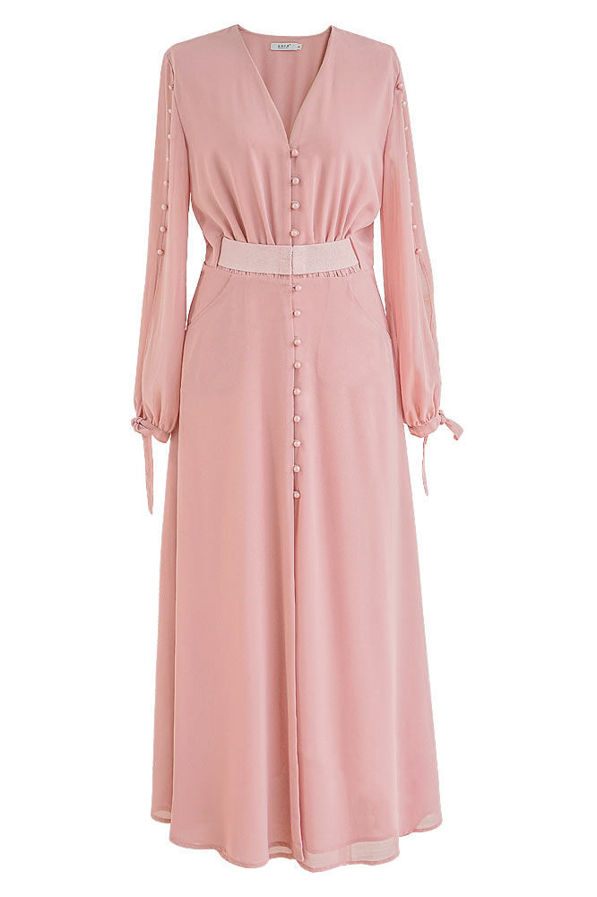 V-Neck Split-Sleeve Button-Front Belted Maxi Gown