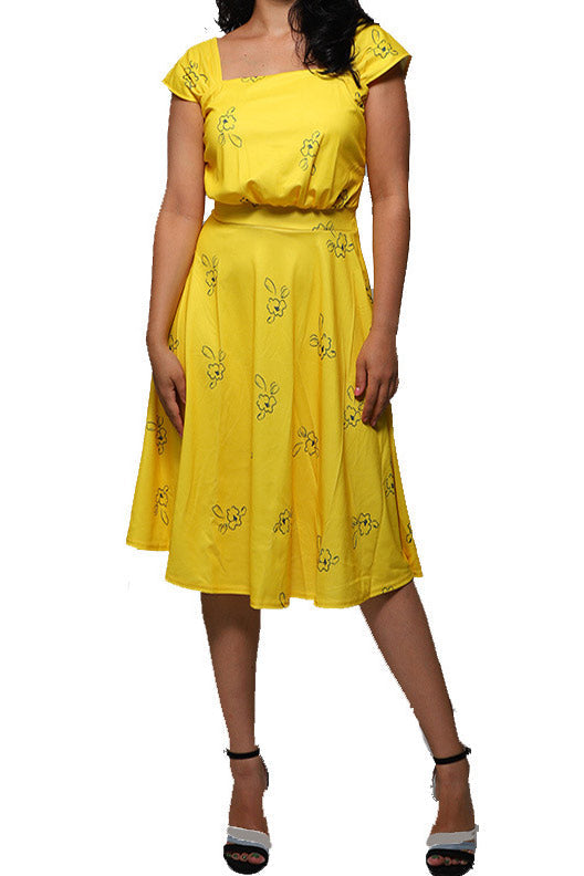 Celebrity Inspired Yellow Cap Sleeves A-Line Dress  Fashionpara