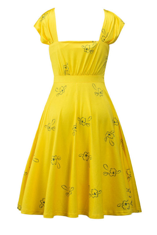 Celebrity Inspired Yellow Cap Sleeves A-Line Dress  Fashionpara