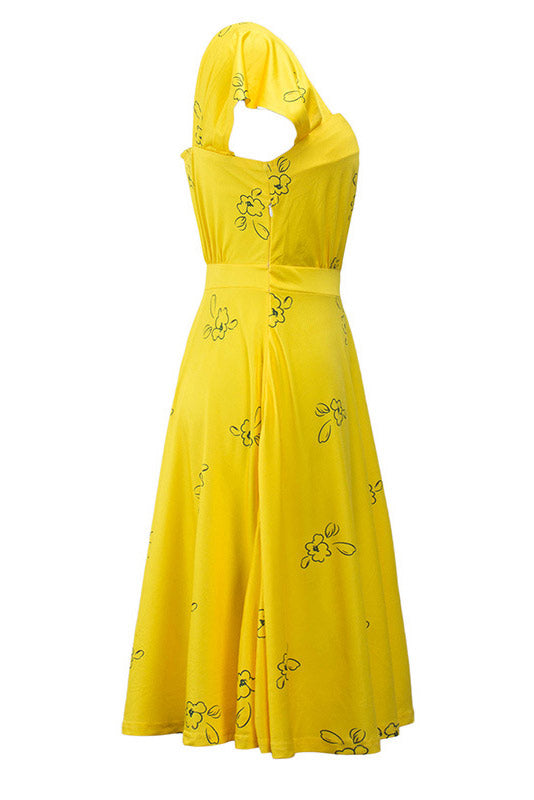 Celebrity Inspired Yellow Cap Sleeves A-Line Dress  Fashionpara