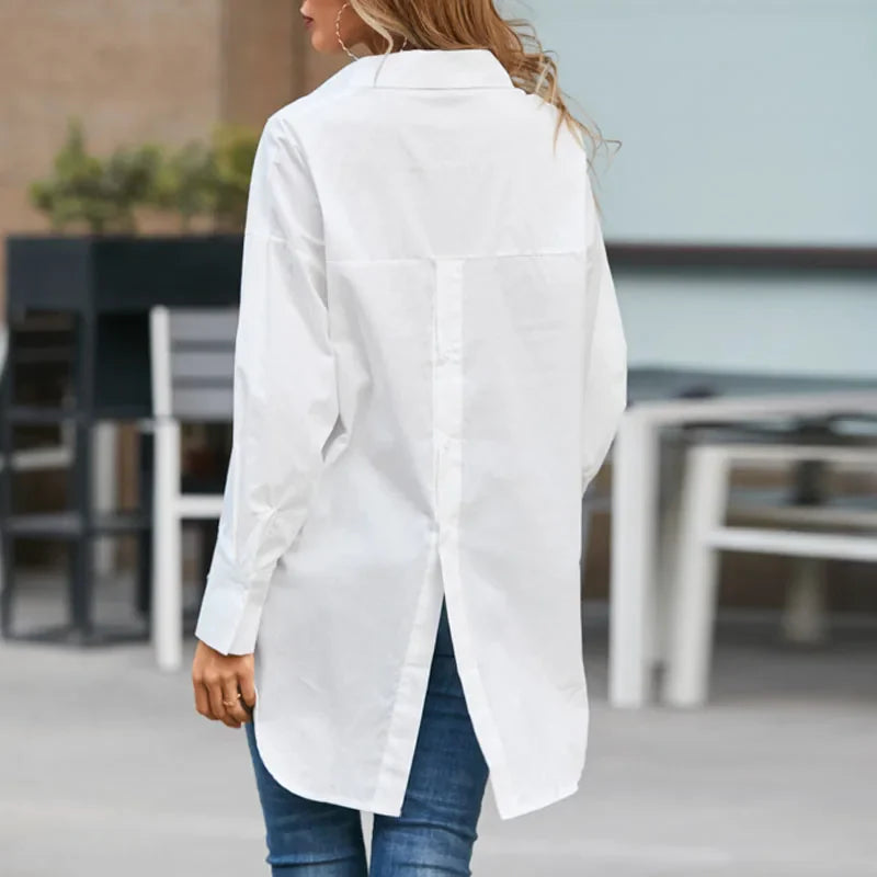 Stylish Lapel Solid Asymmetrical Blouse