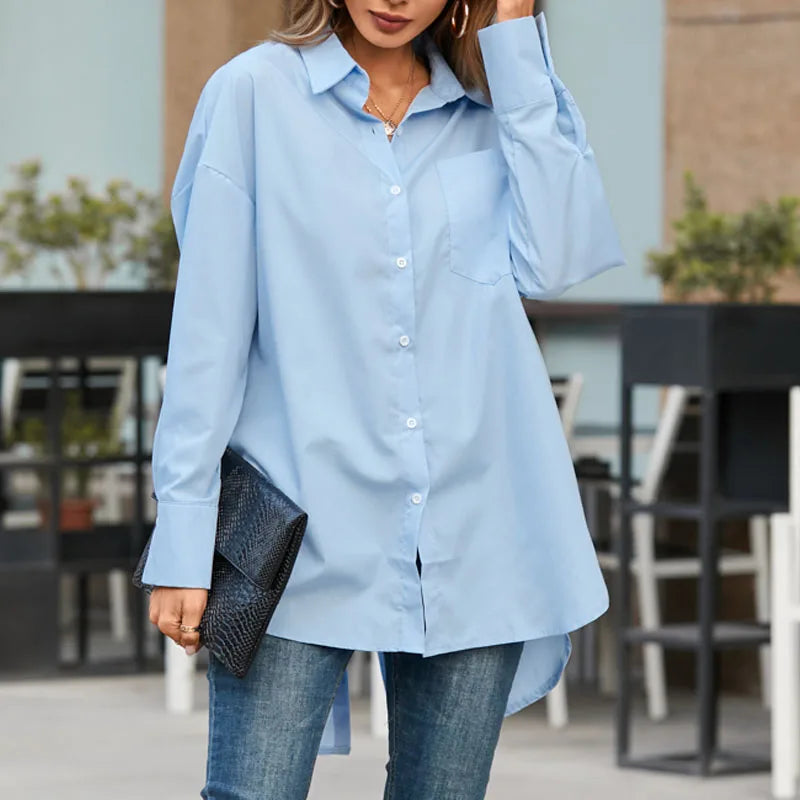 Stylish Lapel Solid Asymmetrical Blouse