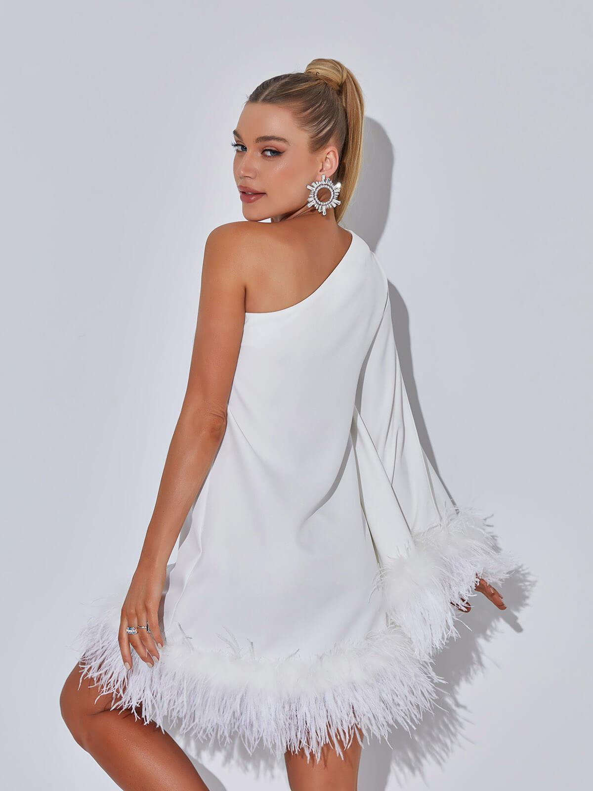 Ceridwen One Shoulder Feather Mini Dress In White - View 5