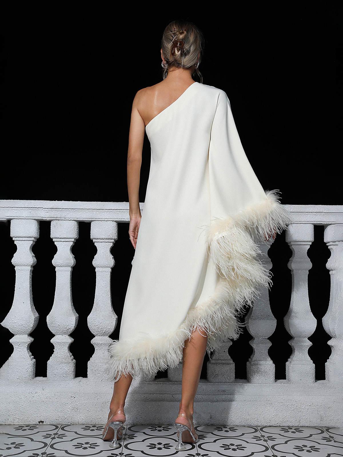Ceridwen One Shoulder Feather Trimmed Maxi Dress In White - View 5