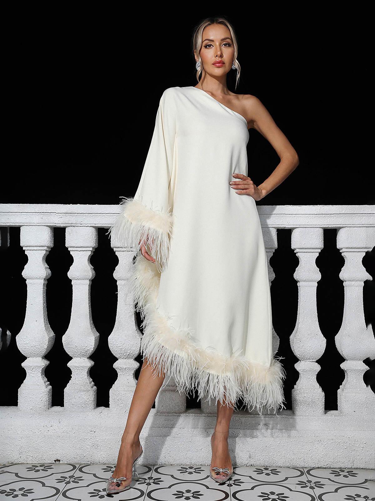 Crepe One Shoulder Feather Trim Shift Midi Dress