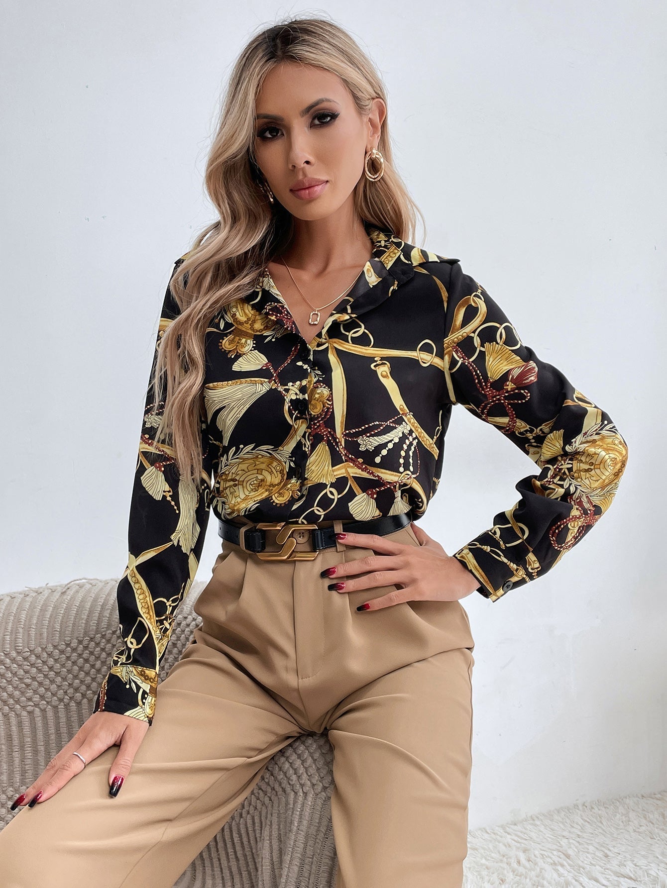 Chain Print Button Front Blouse - Fashionpara