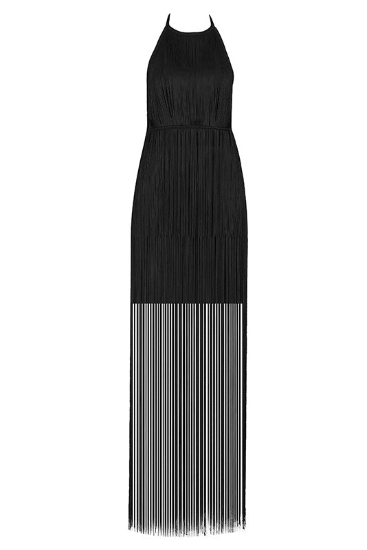Champagne Backless Tassel Overlay Halter Party Dress - Mislish