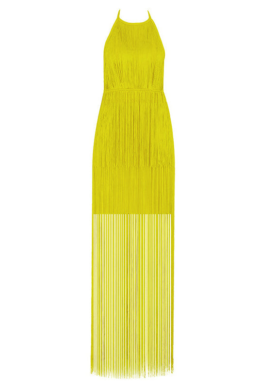 Champagne Backless Tassel Overlay Halter Party Dress - Mislish