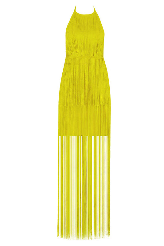 Champagne Backless Tassel Overlay Halter Party Dress - Mislish