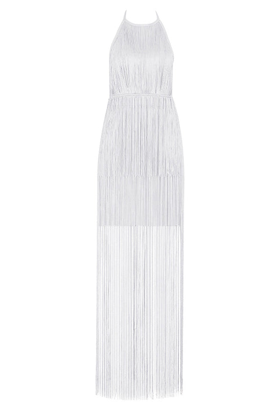 Champagne Backless Tassel Overlay Halter Party Dress - Mislish