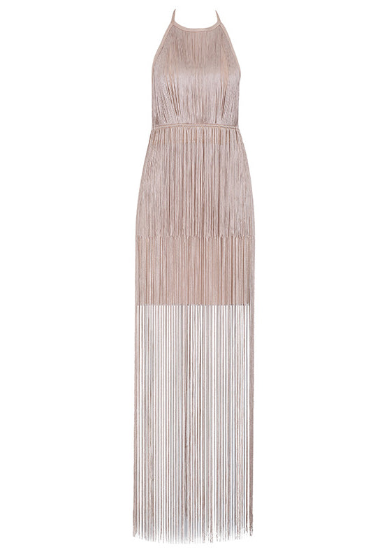 Champagne Backless Tassel Overlay Halter Party Dress - Mislish
