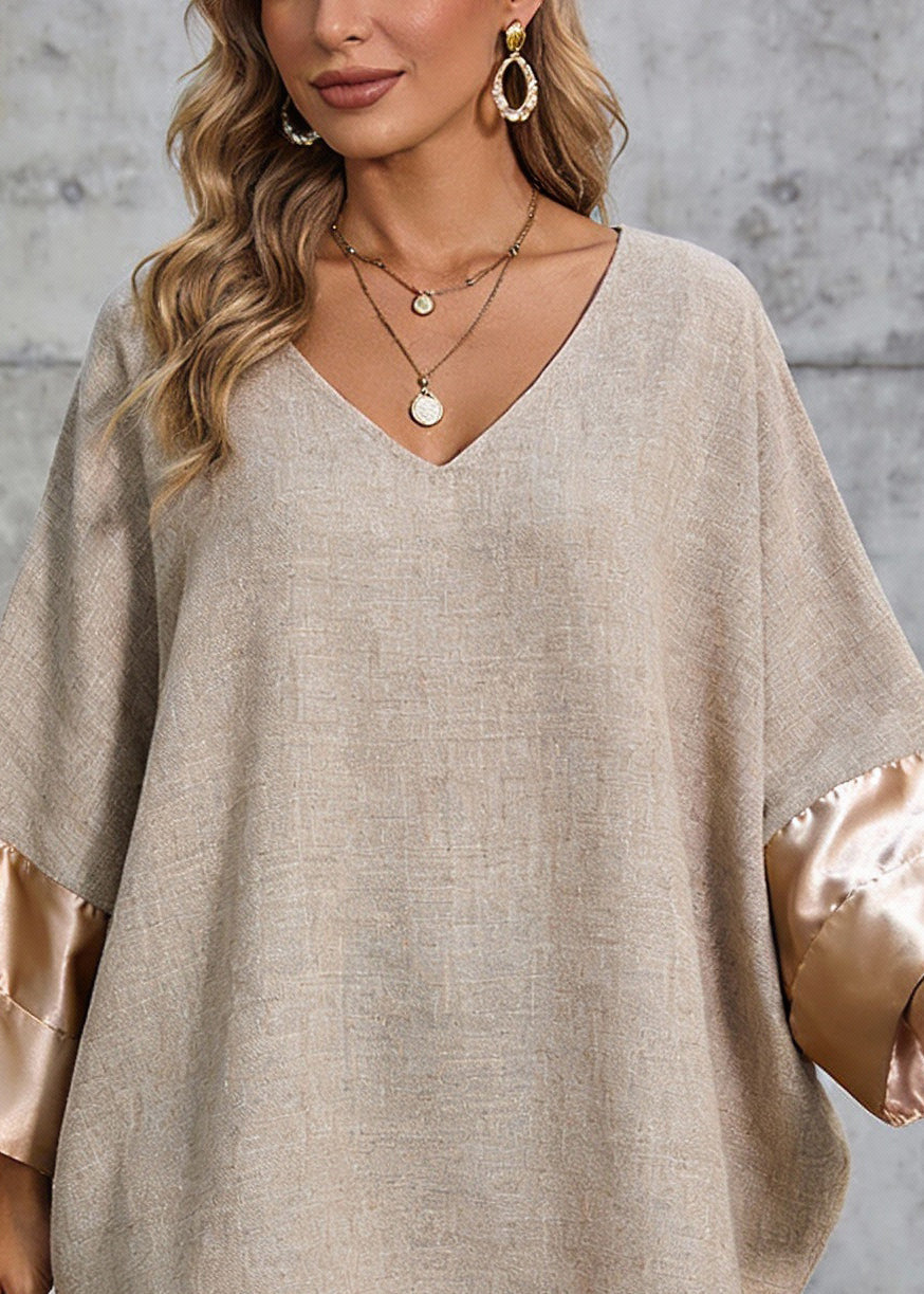 V-Neck Batwing Sleeve Satin Cuff Woven Patchwork Shift Mini Dress - View 2
