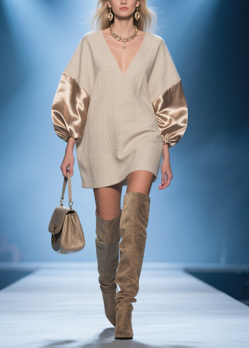 V-Neck Lantern Sleeve Satin Panel Oversized Woven Shift Mini Dress