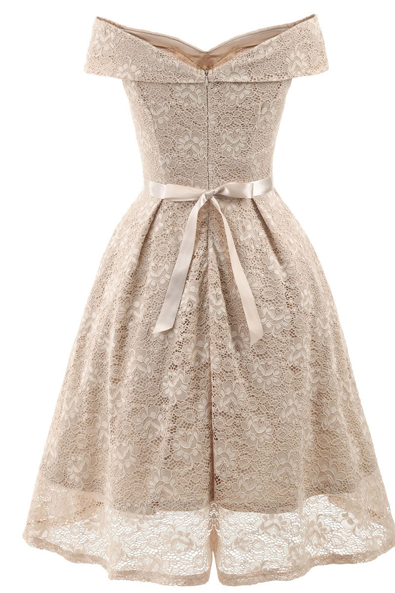 Champagne Lace Off-the-shoulder Princess Prom Dress