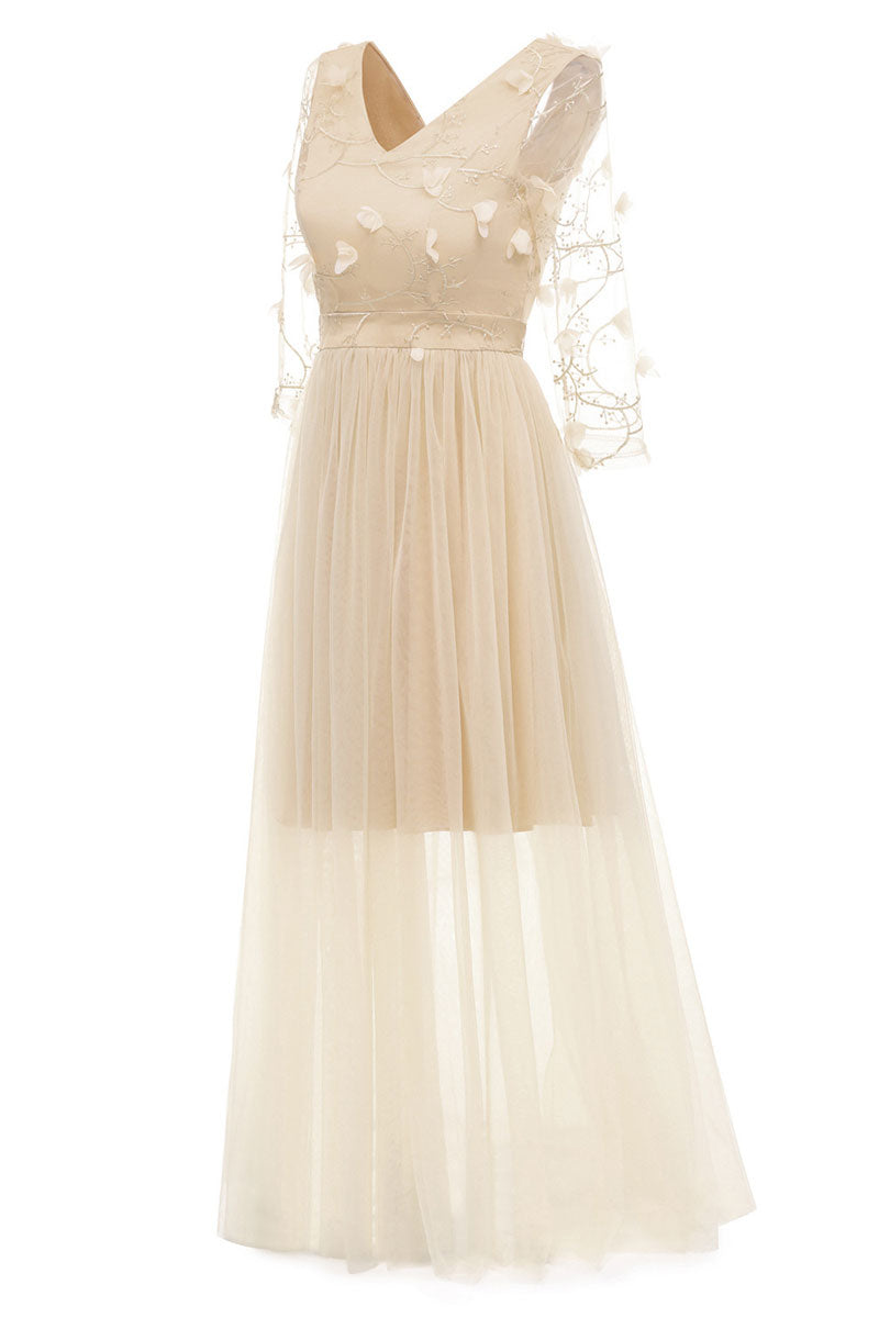 Burgundy Long V-neck Applique A-line Prom Dress With Sleeves