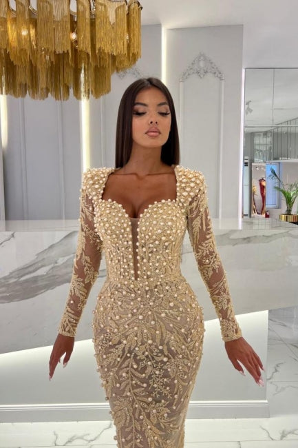 Champagne Sweetheart Long Sleeves Tulle Mermaid Prom Dress with Beadings - Fashionpara