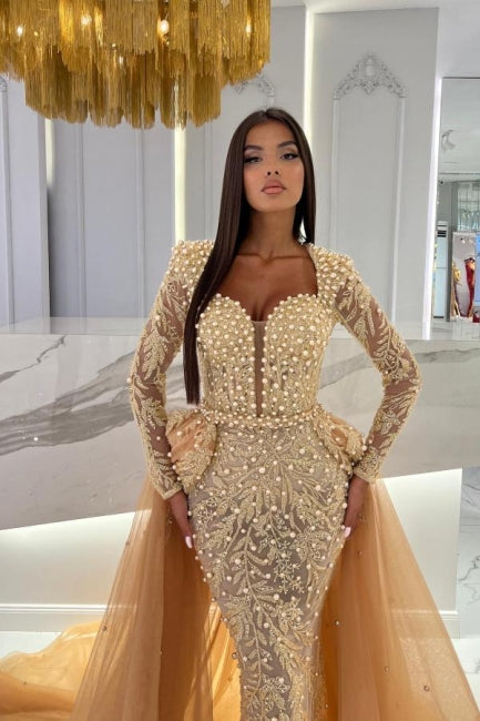 Champagne Sweetheart Long Sleeves Tulle Mermaid Prom Dress with Beadings - Fashionpara