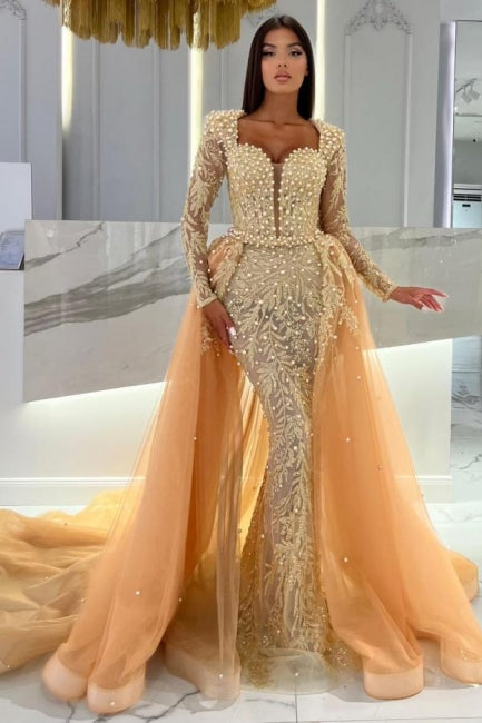 Champagne Sweetheart Long Sleeves Tulle Mermaid Prom Dress with Beadings - Fashionpara