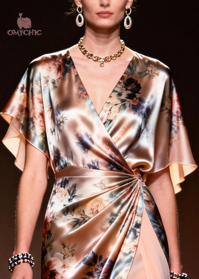 Floral Print Satin Deep V-Neck Flutter Sleeve Wrap Midi Dress - View 2