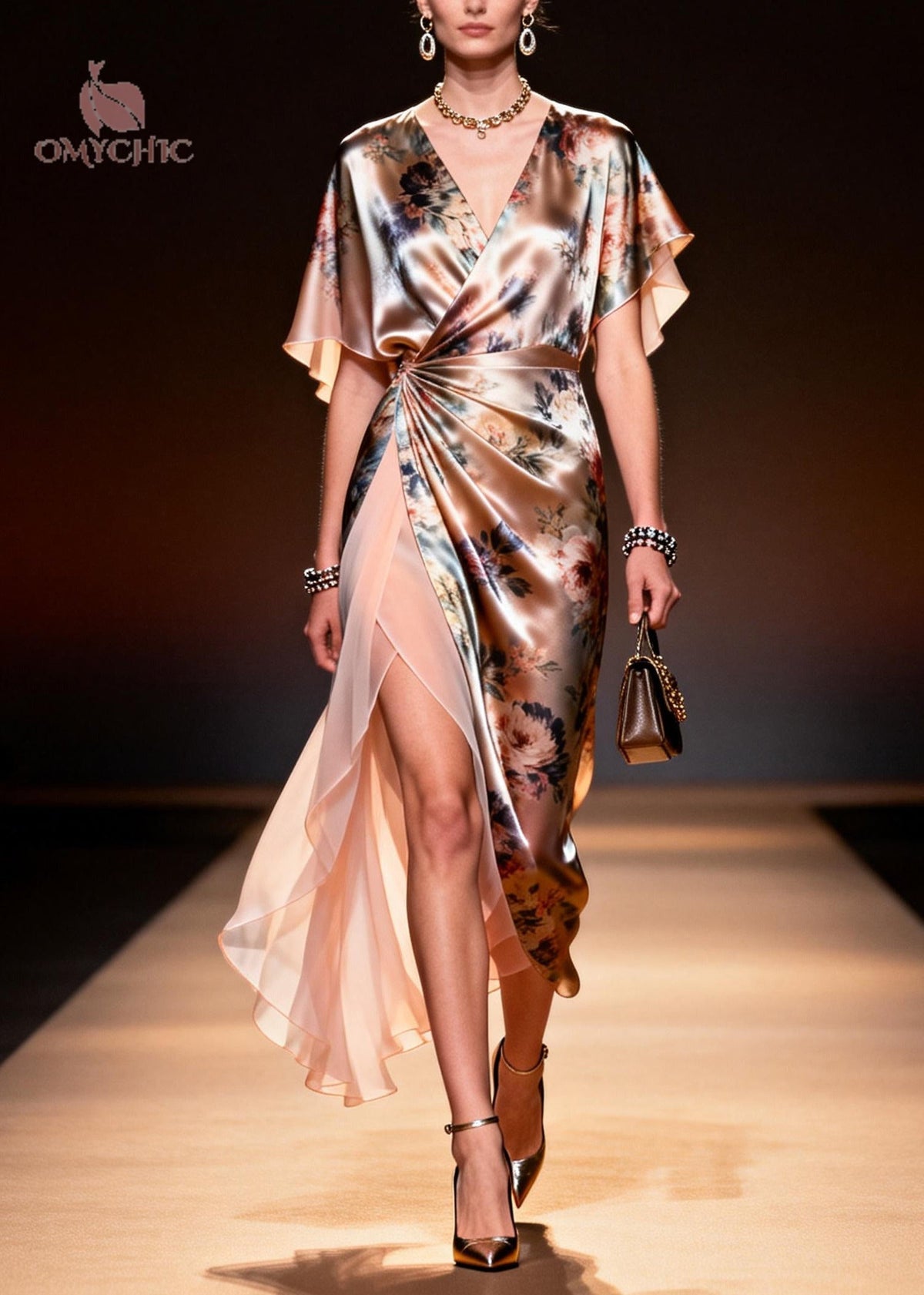 Floral Print Satin Deep V-Neck Flutter Sleeve Wrap Midi Dress - View 3