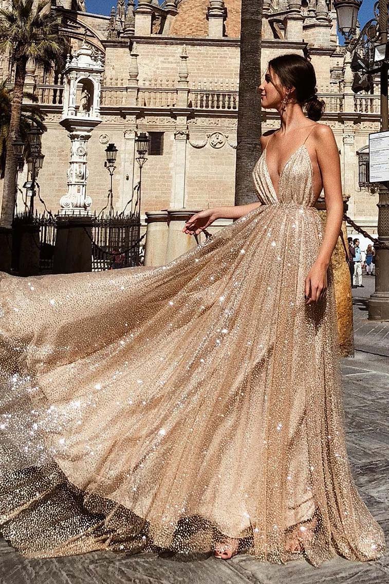 Champagne Sparkly Plunging Deep V-neck Prom Dress
