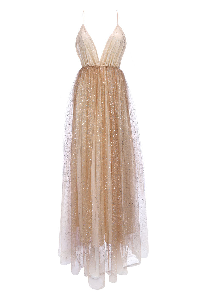 Champagne Sparkly Plunging Deep V-neck Prom Dress