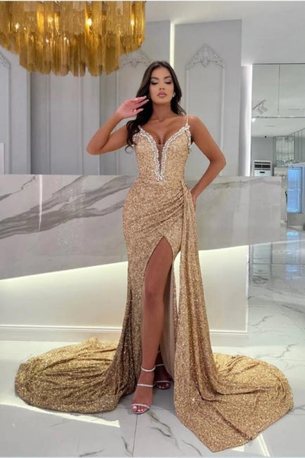 Luxury Champagne Sweetheart Split From Satin Evening Dress with Ruffles - Fashionpara