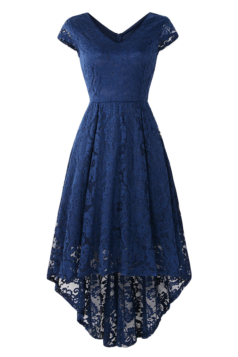 Champagne V Neck Cap Sleeve Lace Prom Dress - Mislish