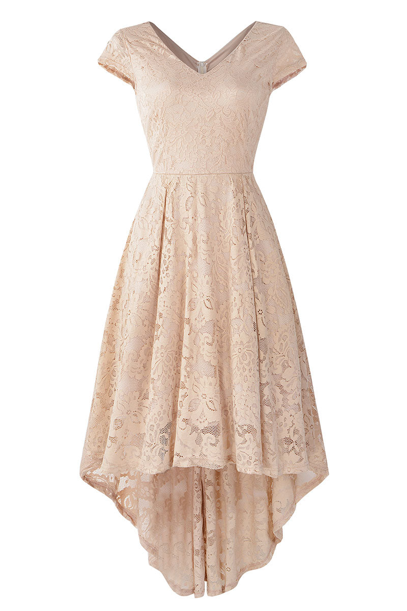 Champagne V Neck Cap Sleeve Lace Prom Dress - Mislish