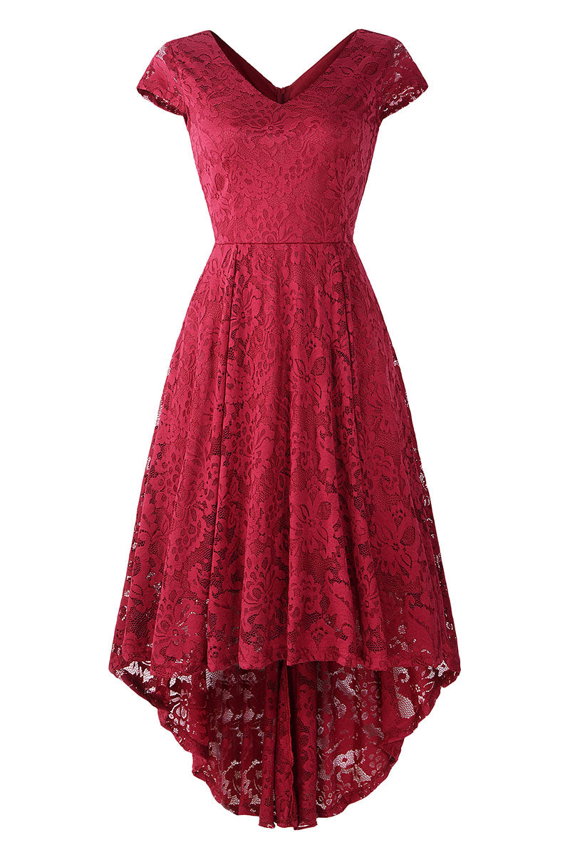 Champagne V Neck Cap Sleeve Lace Prom Dress - Mislish