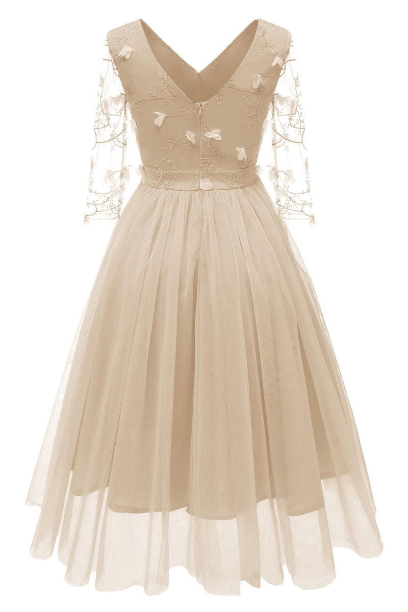 Embroidered Tulle V-Neck 3/4 Sleeve A-Line Midi Dress 5