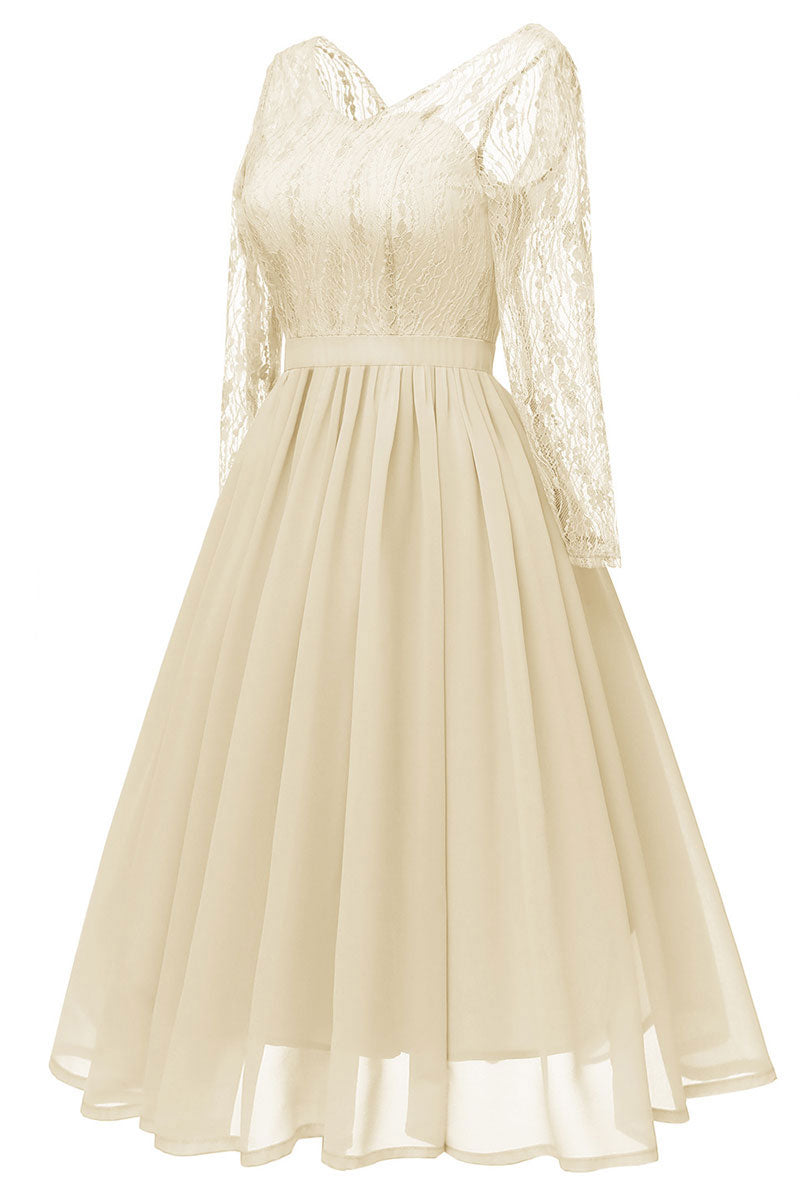 Lavender V-neck Lace A-line Prom Dress With Long Sleeves - Mislish