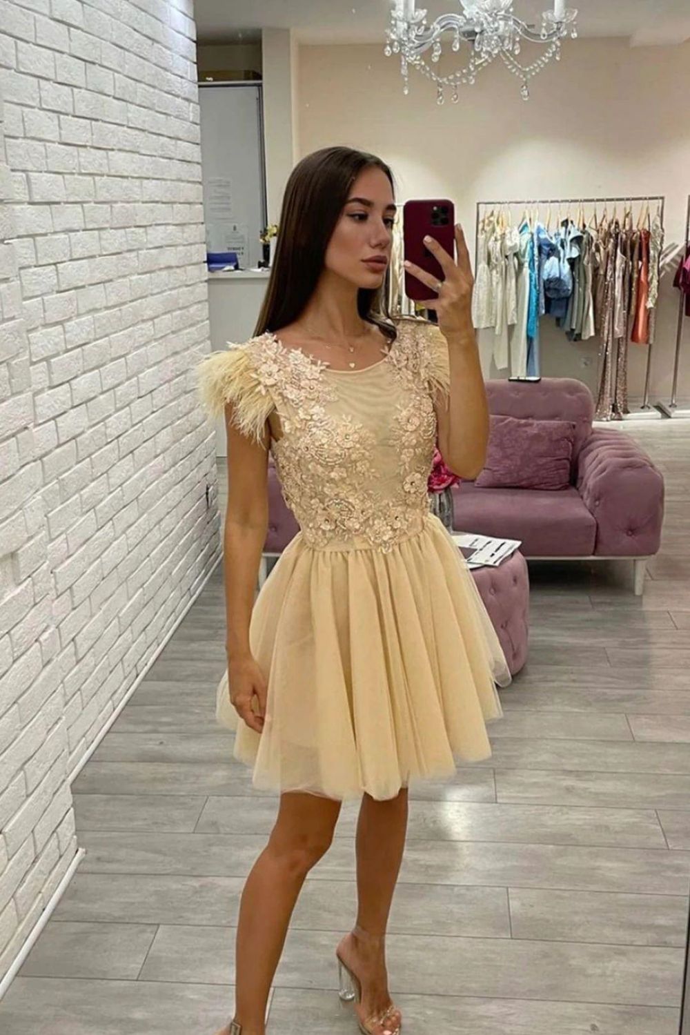 Champagne A-line Short Homecoming Dress WIth Beading Applique - Fashionpara