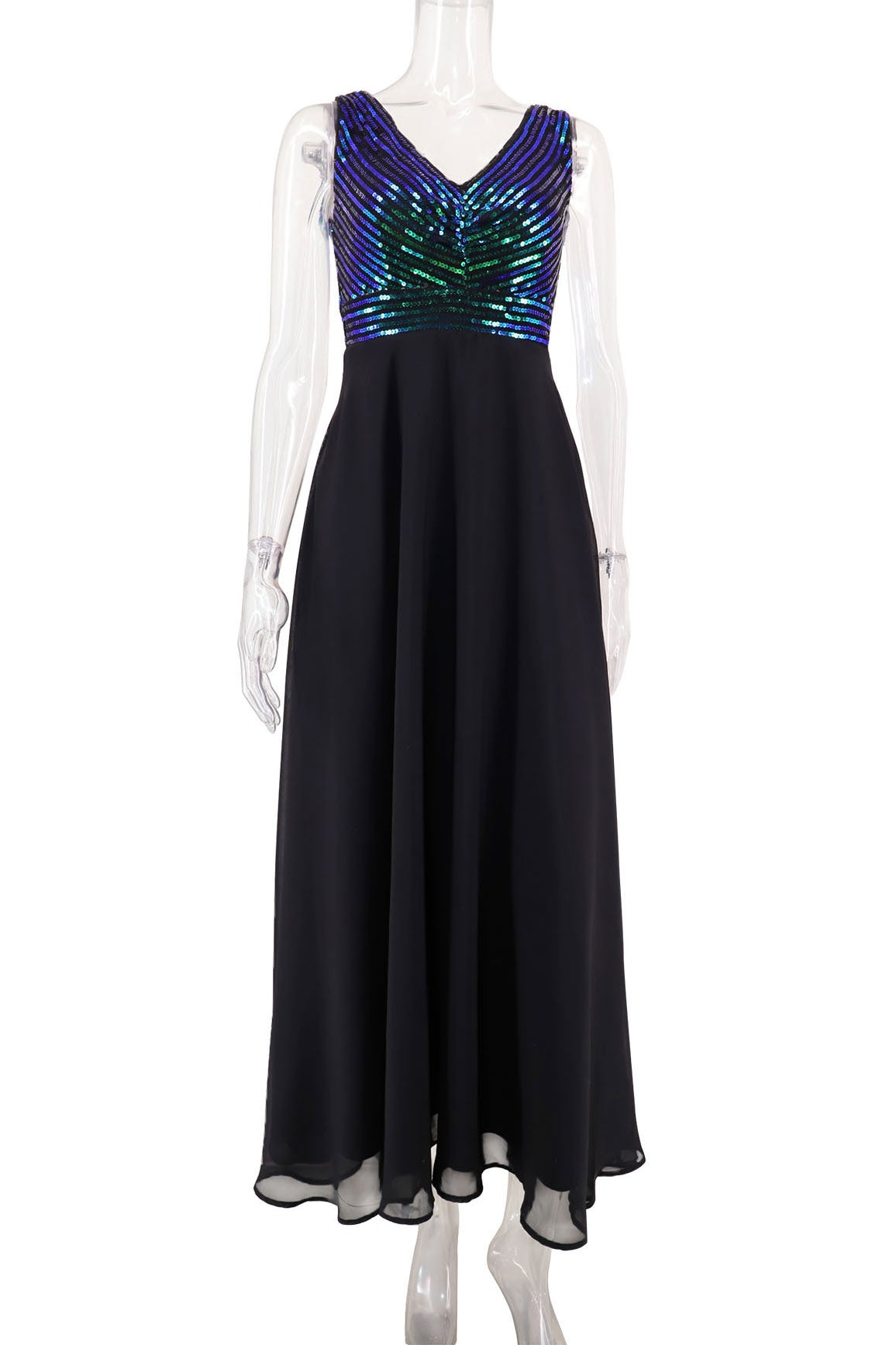 Sequin V-Neck Sleeveless Chiffon A-Line Maxi Dress