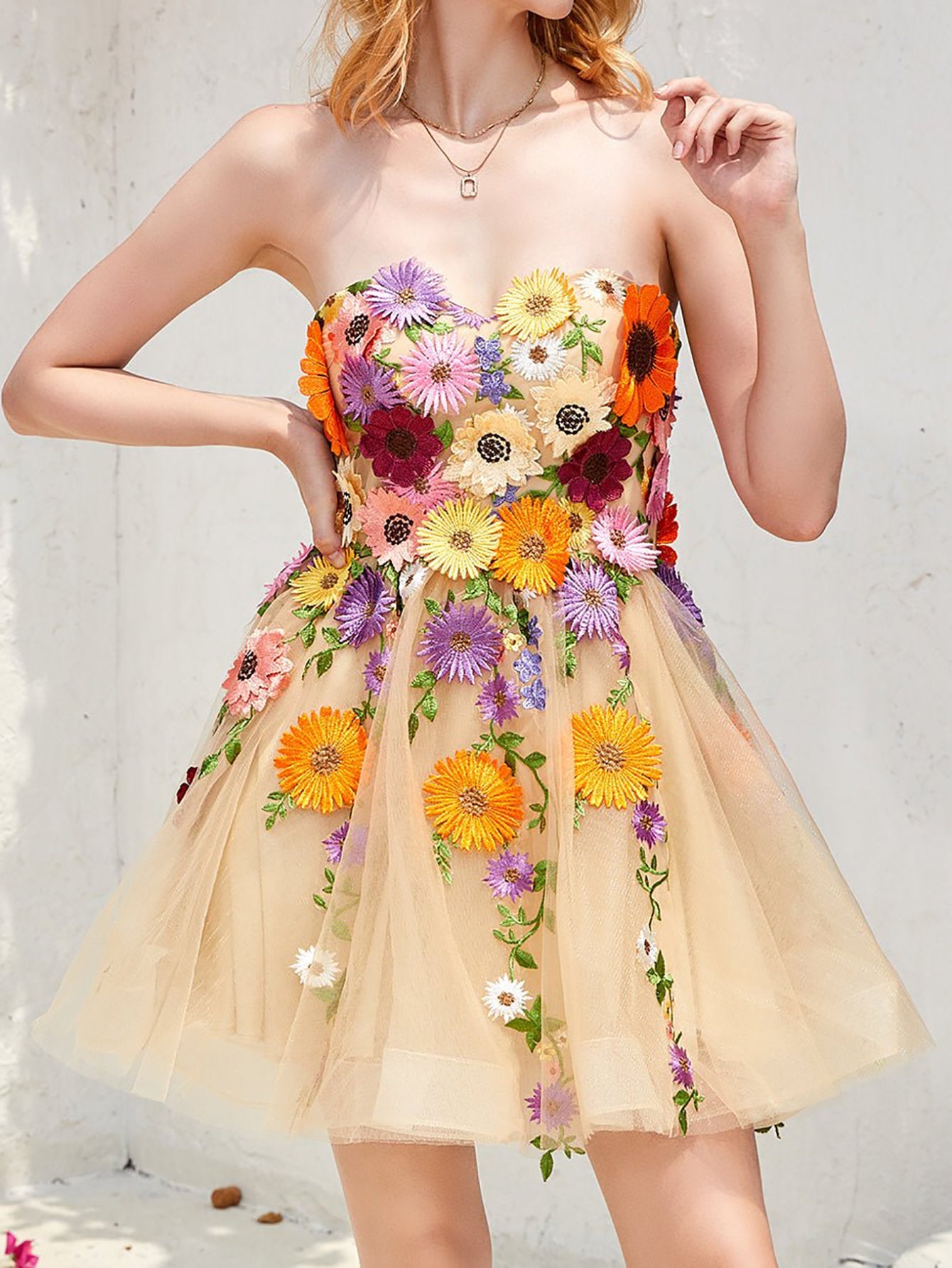 Strapless Champagne A Line Homecoming Dress With 3D Flowers - Fashionpara