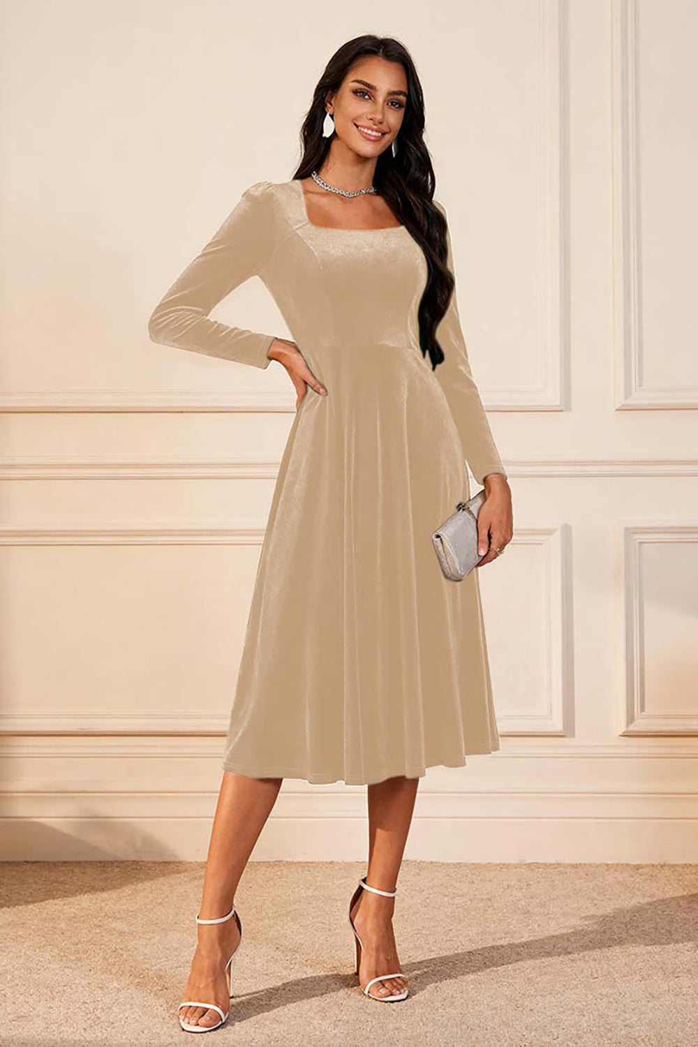 Dark Green A Line Velvet Midi Glitter Holiday Party Dress with Sleeves