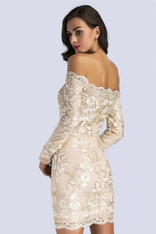 Champagne Off-the-shoulder Embroidered Long-sleeved Bodycon Dress