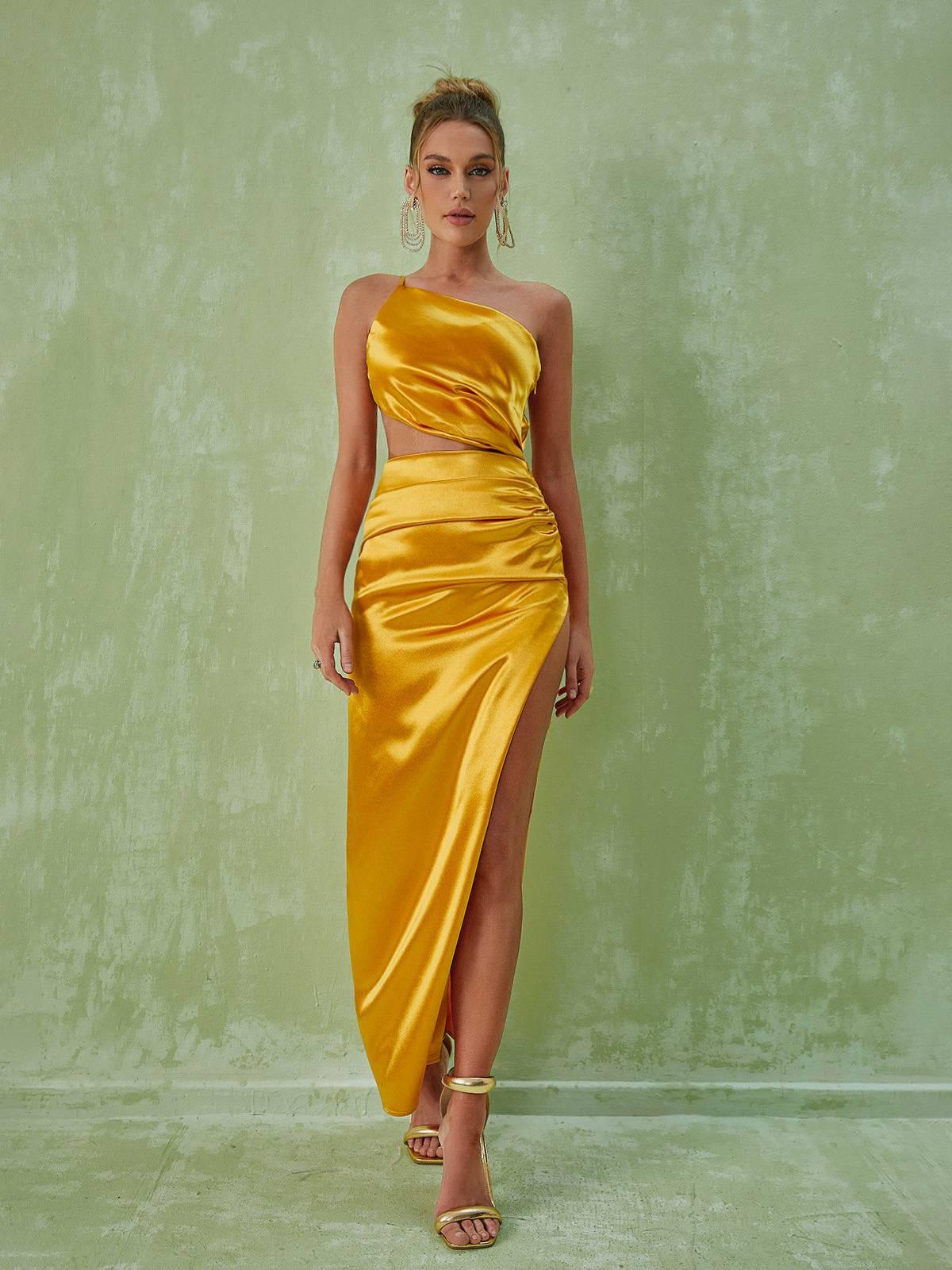 Chara One Shoulder Cutout Maxi Dress In Gold