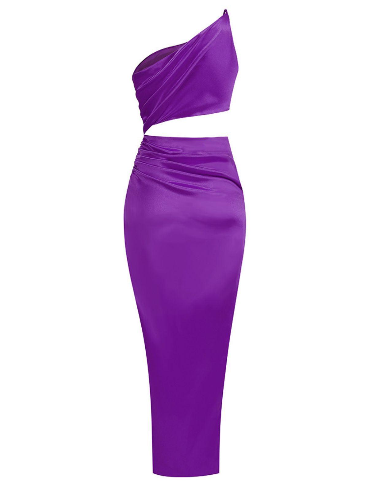 Satin One-Shoulder Cutout Ruched High-Slit Maxi Dress 7