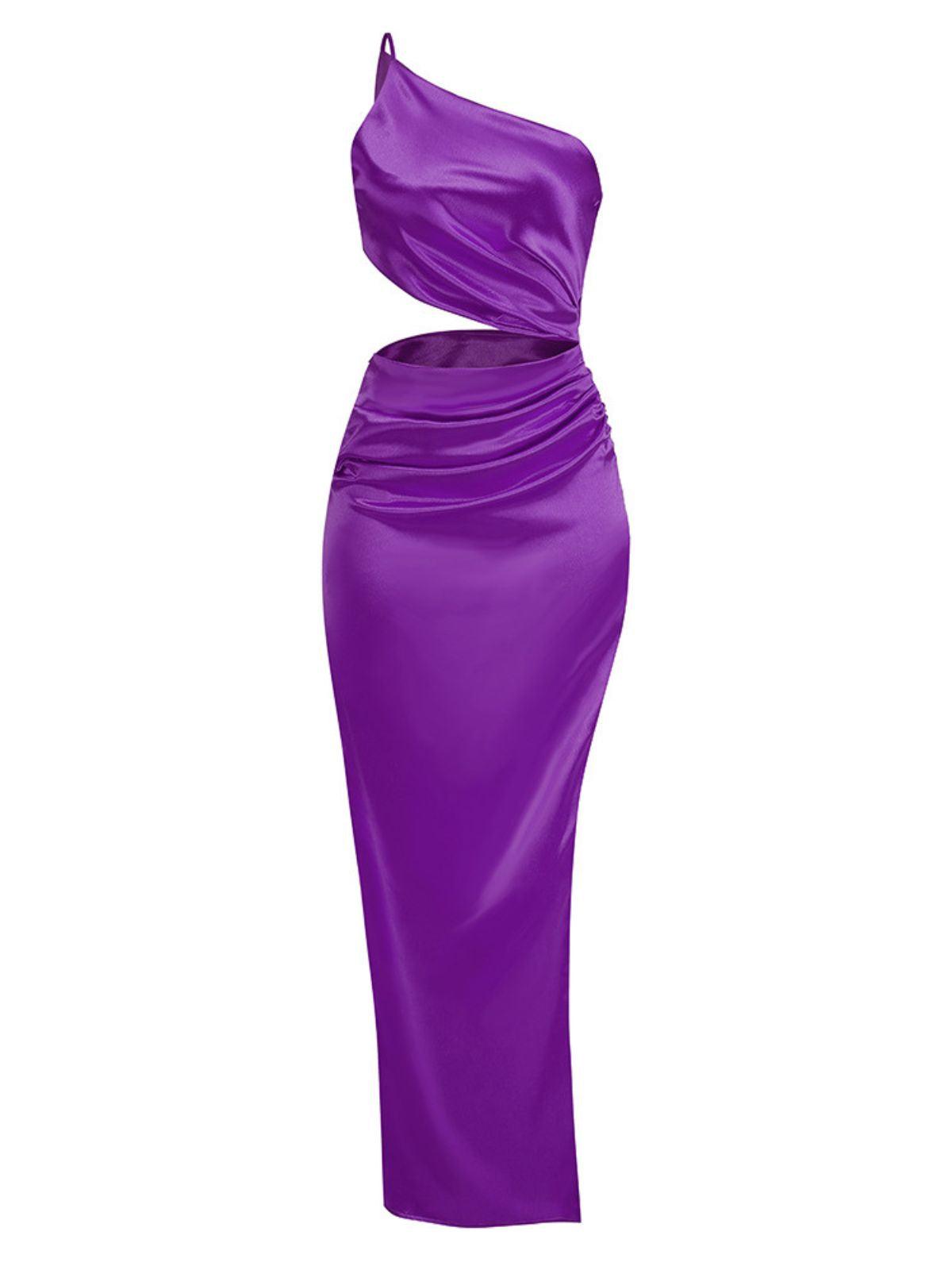 Satin One-Shoulder Cutout Ruched High-Slit Maxi Dress 6