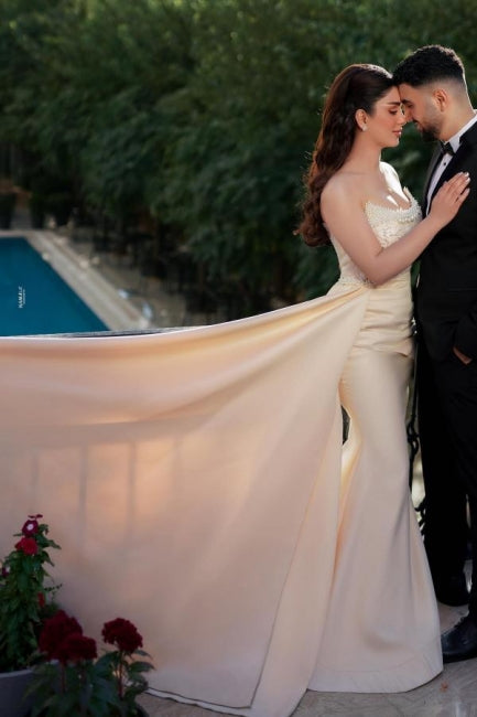 Charming Long Mermaid Strapless Sequined Wedding Gown with Dazzling Pearls - Fashionpara