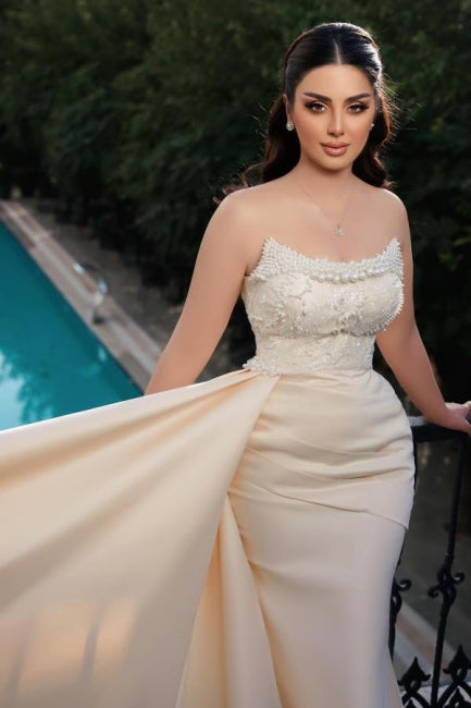 Charming Long Mermaid Strapless Sequined Wedding Gown with Dazzling Pearls - Fashionpara